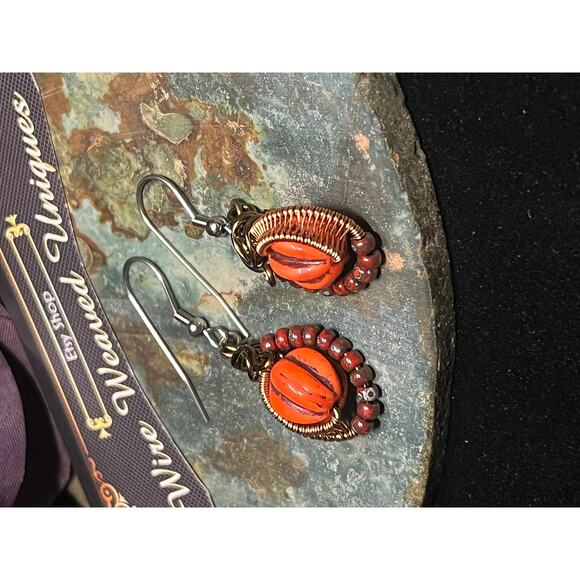 Handmade Wire Wrap Earrings Pumpkins - Picture 6 of 10